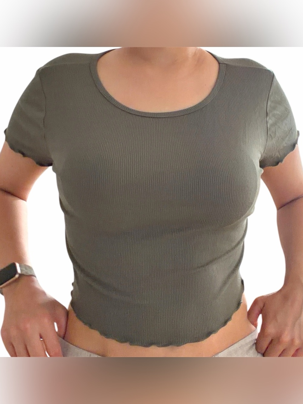 90s Olive Green Baby Tee Cabbage Edge Ribbed Tank XL Stretch Casual Top